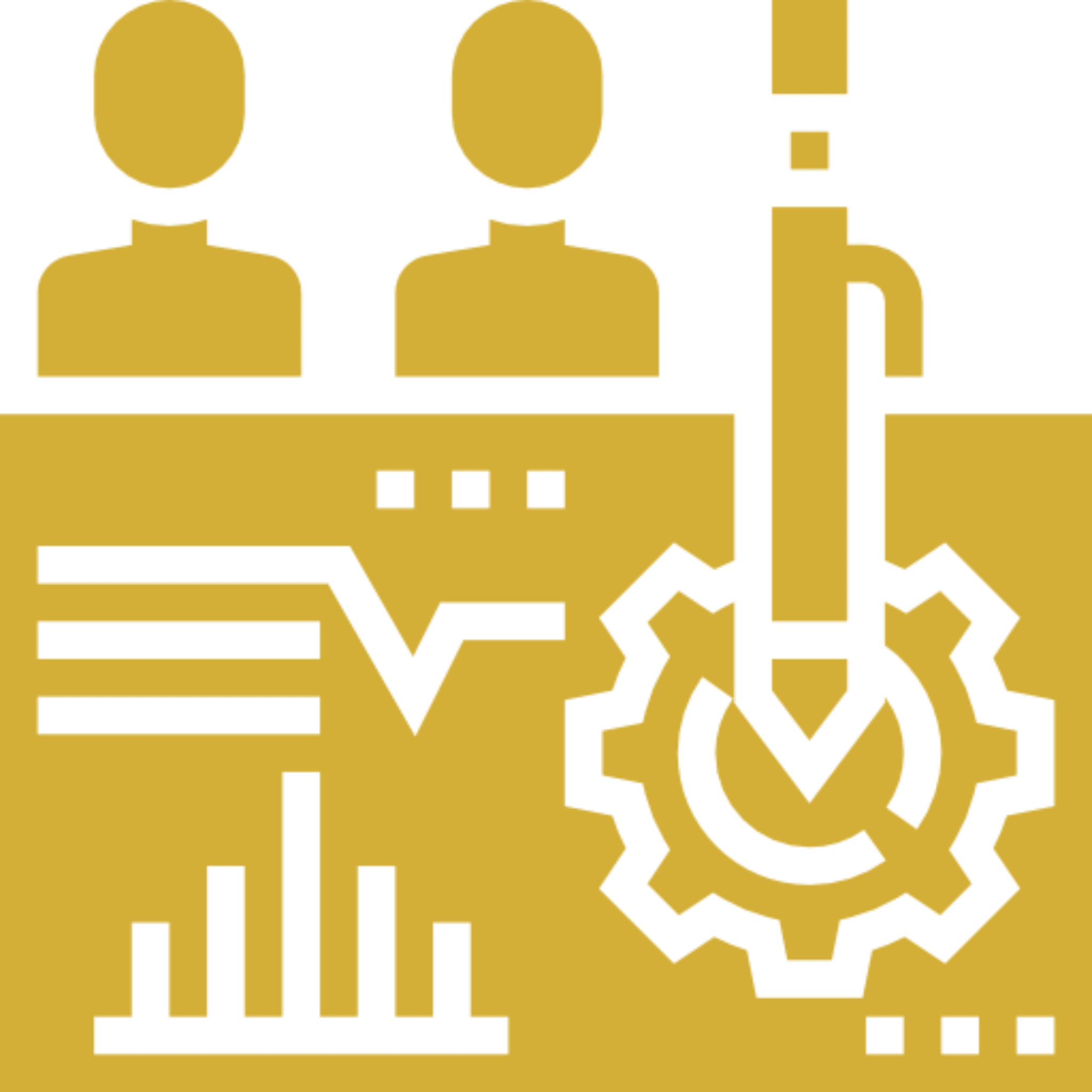 Two user silhouettes with gear and analytics