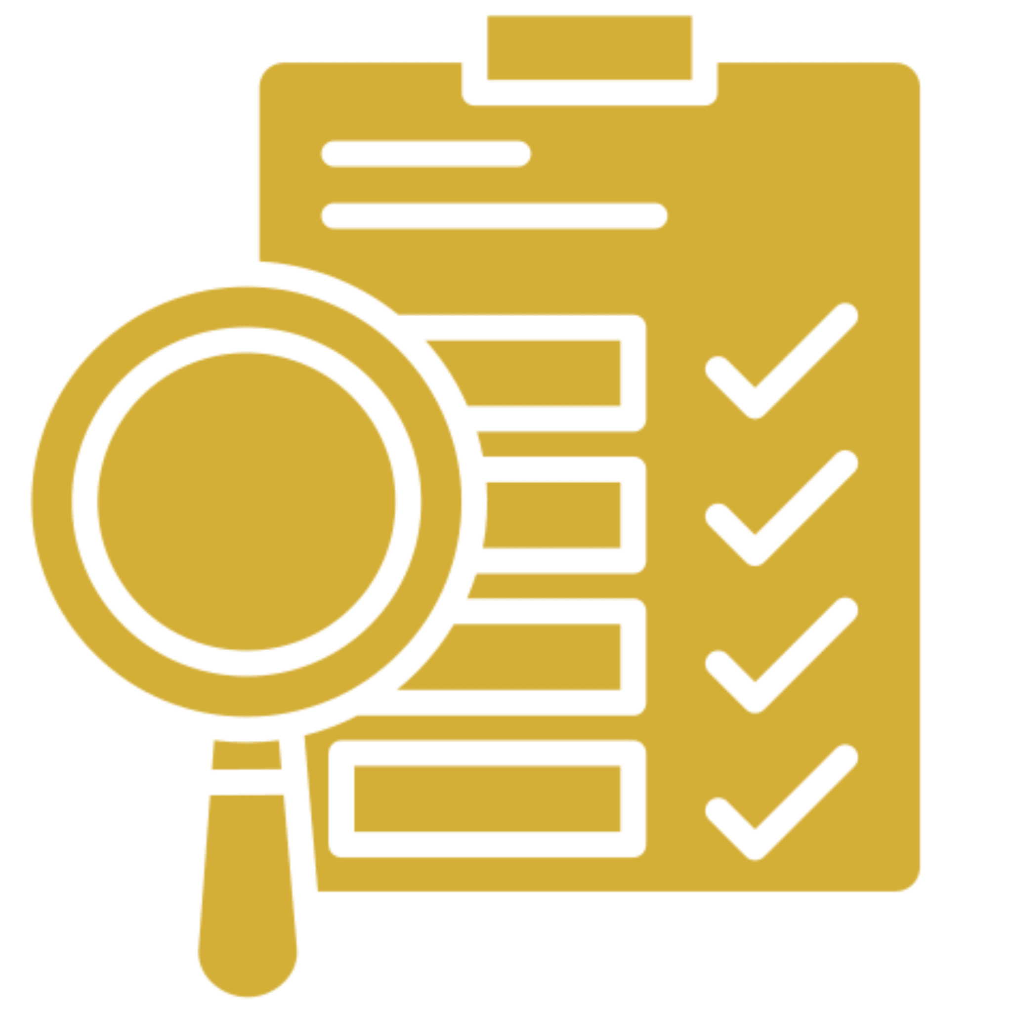 Clipboard checklist with magnifying glass icon