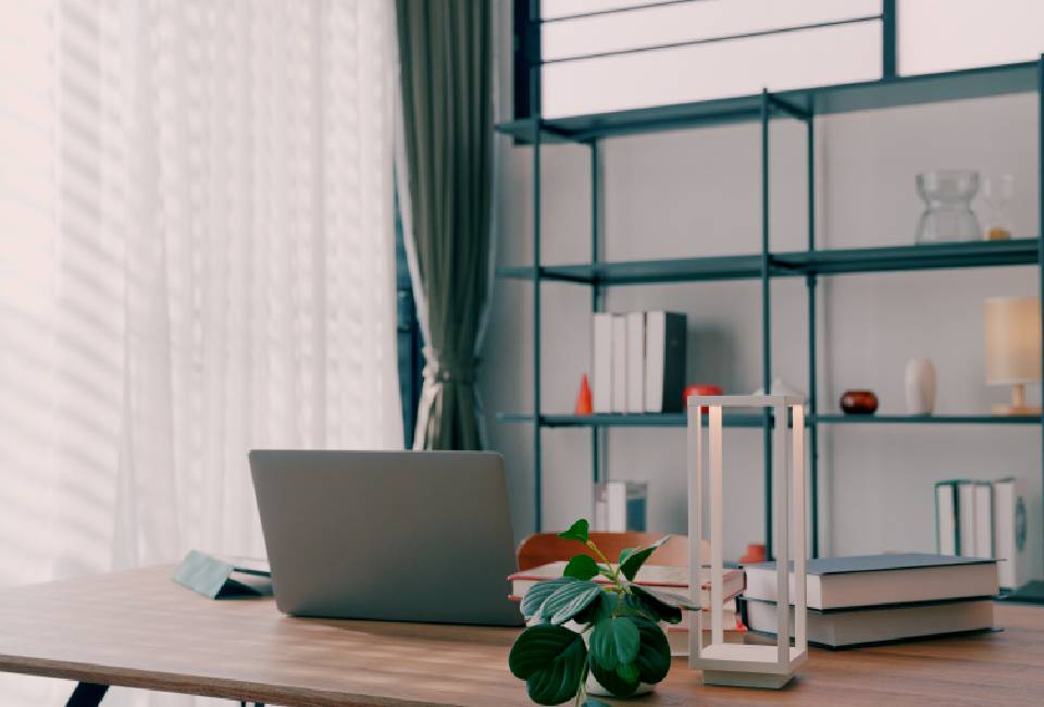 Home office desk with laptop, plant, and books